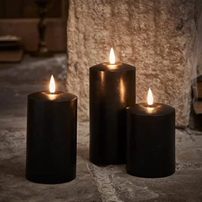 Image of Lights4fun Set of 3 TruGlow® Battery Operated LED Flameless Pillar Candles with Timer Black Wax