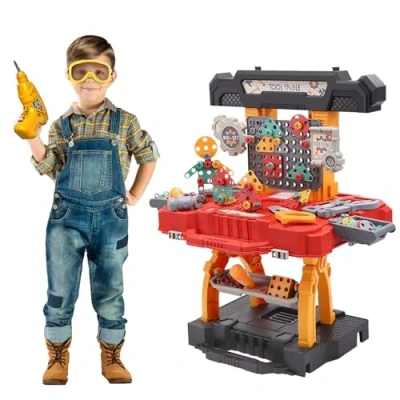 Image of Coo11 Kids Tool set Electric Drill Gear Kit, Portable tools Construction Helmet Pretend Play Set, DIY Educational Learning Fun Games, Gift for Boys Girls 3+