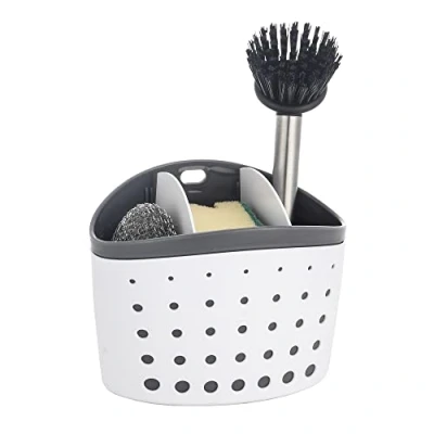 Image of Casa &amp; Storage Organiser with Suction Cups Compact Kitchen Caddy for Sponges, Brushes Cleaning Accessories Durable ABS Material, Modern Design, Non Slip Base (White/Grey)