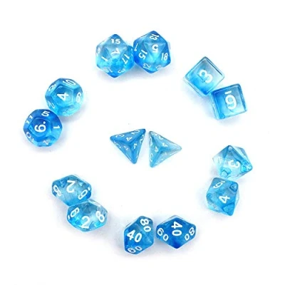 Image of Fasizi Transparent Polyhedral dice Set Table Games 2 Sets x 7 (14 Pieces) Die Series D20 D12 D10 D8 D6 D4 DND RPG MTG Double Colors One Piece (Blue)