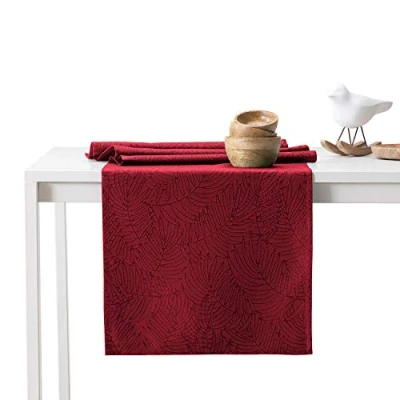 Image of AmeliaHome Table Runner 30 x 100 cm Lotus Effect Water Repellent Leaves Bordeaux Gaia
