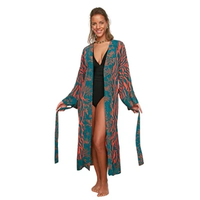 Image of Trendyol Women Beachwear Relaxed Basic V Neck Woven Kimonos &amp; Kaftans