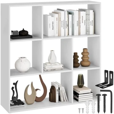 Image of TecTake® Asymmetrical Bookshelf with 7 Open Compartments &amp; Anti Tip Protection, Free Standing or Wall Mountable Shelving Unit, Easy Assembly Bookcase Room Divider for Living Room, Office White
