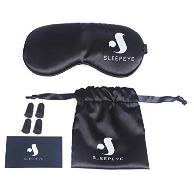 Image of Sleep Mask Ear Plug Travel Set Black Silk Sleeping Eye Soft Natural Cotton Filled Adjustable Strap with Carry Bag