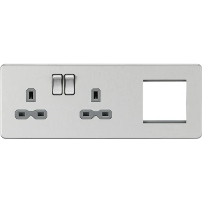 Image of KnightsBridge Screwless 13A 2G DP Socket + Modular Plate Brushed Chrome, Grey Insert