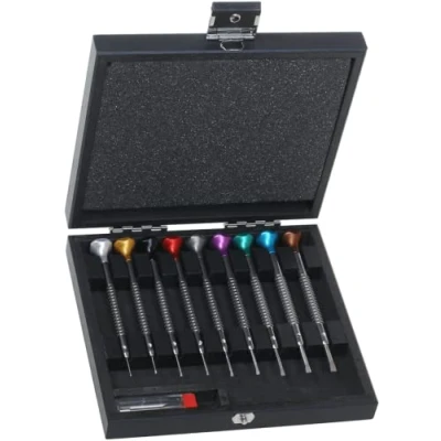 Image of KD89 Horotec MSA01.218 A Assortment of 9 Watchmakers Screwdrivers in Wooden Case, Multicolored
