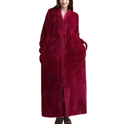 Image of GUOCU Women/Men Soft Plush Dressing Gown Full Length Fluffy Bathrobe Zip Up Long Robe Women Rose XL