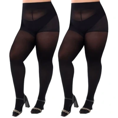 Image of MANZI Plus Size Tights Women Opaque Tummy Control 2 Pairs,Black,4XL