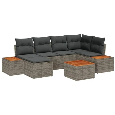 Image of vidaXL 7 Piece Garden Sofa Set with Cushions Grey Poly Rattan Acacia