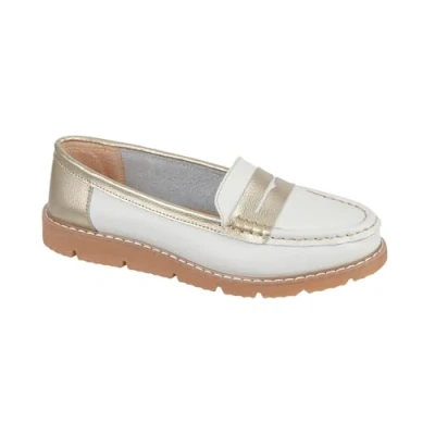 Image of Jo &amp; Joe Women’s Real Suede Leather Penny Loafer Comfortable Smart/Casual Flat Slip on Boat Shoe in Sizes 4 8 (Gold/White, UK Footwear Size System, Adult, Women, Numeric, Medium, 7)