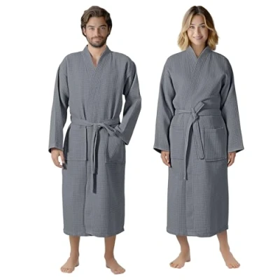 Image of HOMELEVEL Waffle Cotton Dressing Gown Men and Women Womens Mens Lightweight Bathrobe Gowns Towelling Spa Robe Bathrobes Towel Bath Robes for Ladies Dark Grey XL