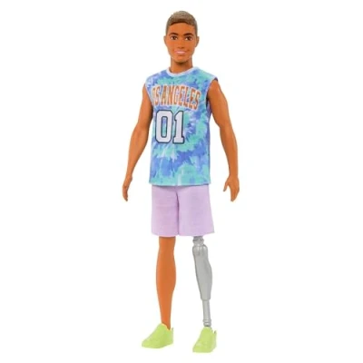 Image of Barbie Ken Fashionistas Doll #212 with Prosthetic Leg, Wearing Los Angeles Jersey and Purple Shorts Sneakers, HJT11