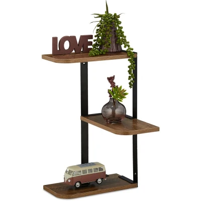 Image of Relaxdays Wall Mounted Corner Shelf, 3 Tiers, HWD: 42.5 x 26.5 cm, Living Room, Kitchen, MDF, Metal, Brown/Black, Fibreboard