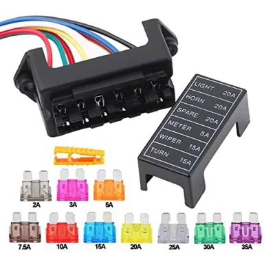 Image of Aiqeer 6 Way Car Blade Fuse Box, 2 Input Output Standard Holder, Block with Pre Wired, and 10 Pcs Free Fuses (12V / 24V 32V 48V Universal)