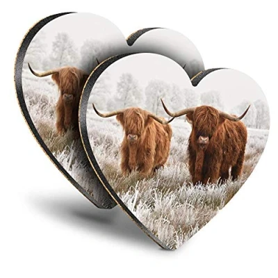 Image of Destination Vinyl ltd Great Coasters (Set of 2) Heart Winter Highland Cow Scotland Drink Glossy Coasters/Tabletop Protection for Any Table Type #14591