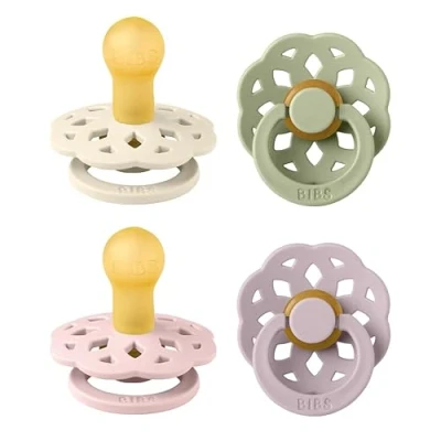 Image of BIBS Boheme Soother 4 Pack. BPA Free Dummy Pacifier, Round Nipple. Natural Rubber Latex, Made in Denmark. 0 6 Months (Pack of 4), Dusky Lilac Mix