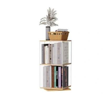 Image of tonchean Rotating Bookshelf, 2 Tier Acrylic Bookcase Clear Floor Standing Display Case Bamboo Book Shelf for Classroom Playroom Bedroom Living Room
