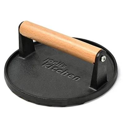 Image of ﻿﻿Joeji&#039;s Kitchen Burger Meat Bacon Press Heavy Duty Cast Iron Non Stick Professional Smasher to Sear Perfect Char Marks Wood Handle Ideal BBQ Grill Accessory