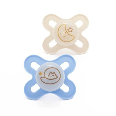 Image of MAM Original Start Night Soothers 0 2 Months Pack Newborn Dummies Glow in The Dark Comes Dummy Steriliser Box Sustainable Materials Blue (Designs May Vary)