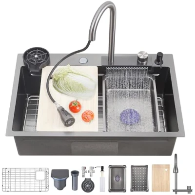 Image of Ribanedy 66 x 50 cm Black Gray Waterfall Kitchen Sink，Drop in Stainless Steel Workstation Sink，Multifunctional Modern Single Bowl Sink with Pull Down Sprayhead Faucet &amp; Accessories