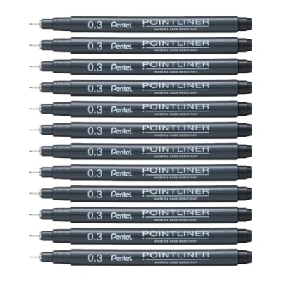 Image of Pentel Arts Pointliner, 0.3mm Tip, Black Pigment ink, Pack of 12 pens