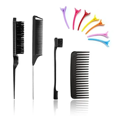 Image of 3 Piece Heat Resistant Anti Static Comb Grooming Edge Brush, Curling Fluffy Hair Steel Needle Tip Tail for Hairdressing with 4 Duckbill Clips and 1 Wide Tooth