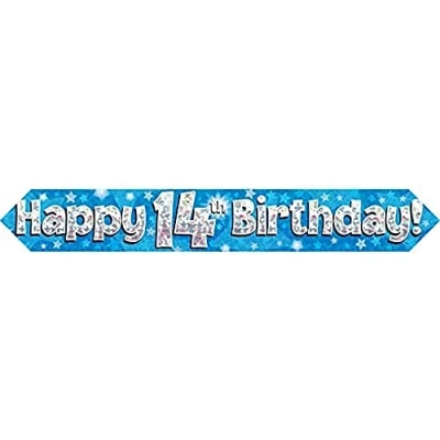 Image of 9ft Banner Happy 14th Birthday Blue Holographic