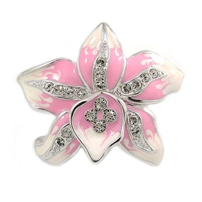 Image of Avalaya Rhodium Plated White/Pink Enamel Crystal Lotus Flower Brooch 35mm W