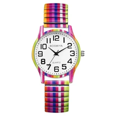 Image of JewelryWe Elastic Watches for Women: Easy Read Analog Quartz Stretch Band Watch Colorful Printing Expansion Wristwatch