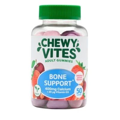 Image of Chewy Vites Adult Bone Support 50 Vitamin Gummies, 400mg Calcium Gummies with 20 mcg D3, for Bones, Teeth &amp; Muscle Function, 2 a Day, Vegan, Mix of Wild Cherry and Strawberry Flavour
