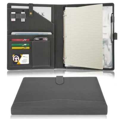 Image of Wonderpool A4 PU Leather Portfolio Holder Ring File Document Case with Removable Binder Clipboard, Multi Pocket and Legal Pad for Business Organizer Interview Meeting (Grey)