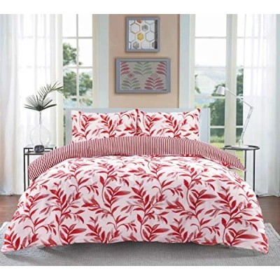 Image of Homespace Direct Ellie Red Watercolour Leaves Duvet Cover Set Striped Reverse Fully Reversible Bedding Double