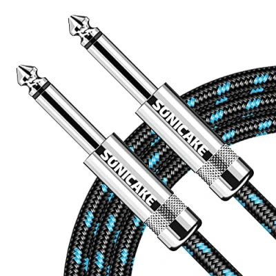 Image of SONICAKE Braided Guitar Cable 3m/10ft Instrument 6.35mm 1/4&quot; Straight Angle to Black Blue