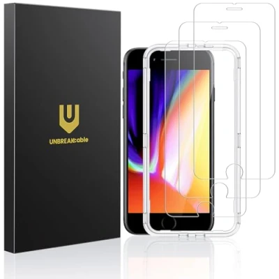 Image of UNBREAKcable Screen Protector for iPhone SE 2022/SE 2020/8/7/6/6s [3 Pack] with Installation Frame, 9H Hardness Tempered Glass [Bubble Free, Anti Scratch] 4.7 Inch