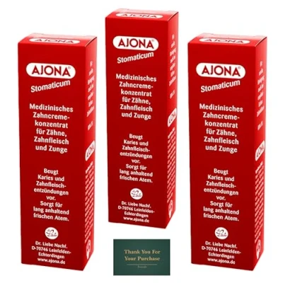 Image of Ajona Stomaticum Toothpaste 25ml (Pack of 3), Prevents Tooth Decay, with Treseida Thank You for Your Purchase Card