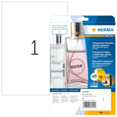 Image of HERMA Self Adhesive Clear Film Labels, 1 Label per A4 Sheet, 25 Sheets, 210 x 297 mm, Blank Weatherproof Labels Stickers, Sticky for Laser &amp; Inkjet Printer, Transparent