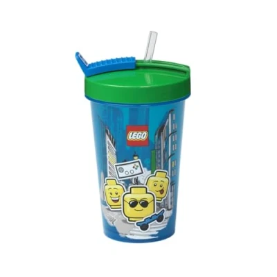 Image of LEGO Tumbler With Straw Fun &amp; Functional Hydration for Kids Reusable, Insulated Cup Straw, Lid Iconic Graphics, Blue and Green