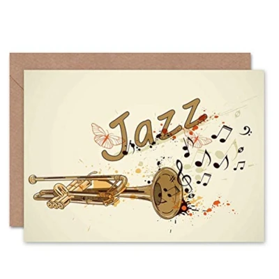 Image of Wee Blue Coo Greeting Jazz Theme Trumpet Typograph Music Gift Sealed Card Plus Envelope Blank inside