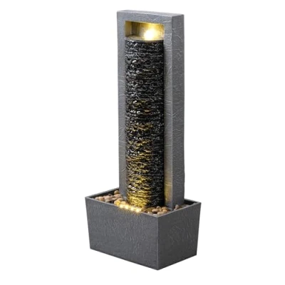 Image of Garden Outdoor Water Feature Tall Waterfall Fountain With Warm led Lights Layered Rock Design Dark Grey Teamson Home