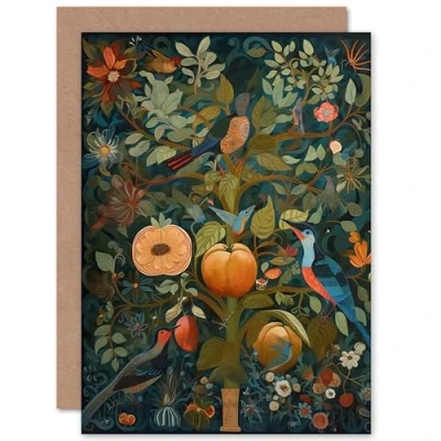 Image of Artery8 Birds on Blooming Peach Tree in Modern Folk Art Nature Birthday Sealed Greeting Card Plus Envelope Blank inside