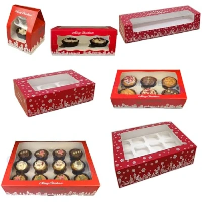 Image of LARRYROO Festive Christmas Cupcake/Mince Pie Boxes for 1, 2, 3, 6, 12 Cup Cakes &amp; Removable Inner Trays (5, 3 Mince Box)