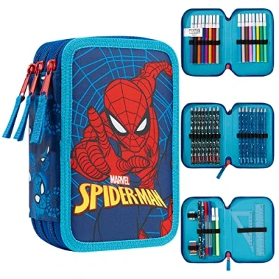 Image of Marvel Pencil Case with Stationery Included School Supplies Filled Large Multiple Compartments Colouring Pencils Pens Boys Set Gifts for (Spiderman Triple Zip)