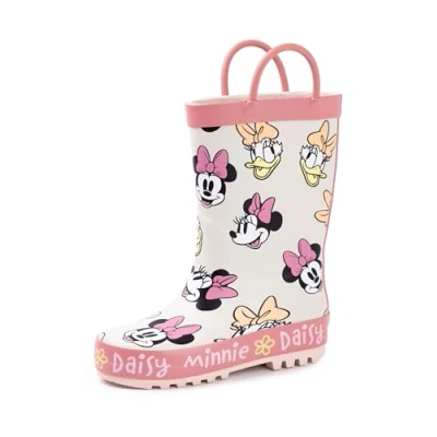 Image of Disney Minnie Mouse Girls Wellington Boots Kids Handle Wellies &amp; Daisy Character All Over Print in Beige Pink Water Resistant Easy Pull On Rubber for Children Animation Movie Gift