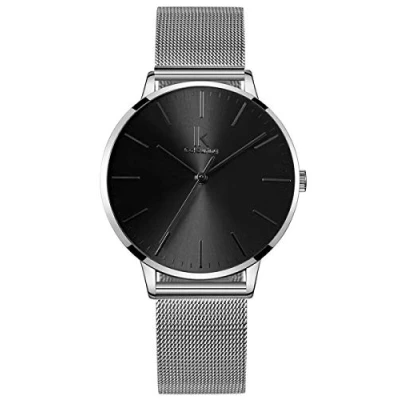 Image of Alienwork Women&#039;s Watch Silver Metal Mesh Strap Black Ultra Thin