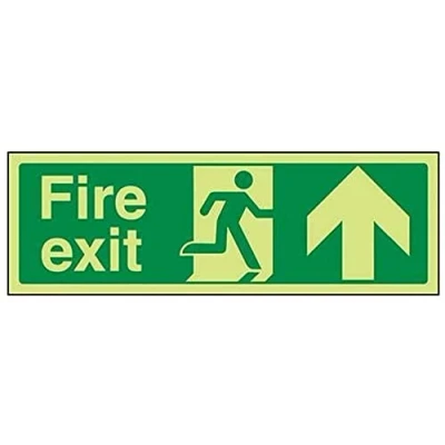 Image of V Safety Glow in the Dark Fire Exit Arrow Up Sign 450 mm x 150 Self Adhesive Vinyl