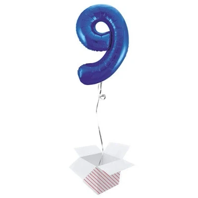 Image of Blue Number 9 Supershape Foil Helium Balloon Inflated in a Box