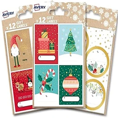 Image of Avery 36 PCS Festive Label Bundle Family Pack, Stickers, Printable, Customisable Premium Christmas Name Gift Labels, Wrapping Bag Decoration