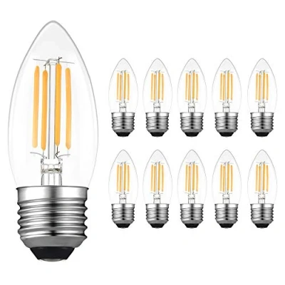 Image of HuikeHuike 10 Pack, E27 LED Dimmable Filament Candle Light Bulbs, Bulb 6000K Cool White, 4W C35 Small Edison Screw Candelabra Bulb, 40W Incandescent Equivalent