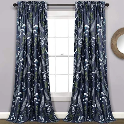 Image of Lush Decor Navy and Green Devonia Room Darkening Window Curtain Set (84&quot; x 52&quot;), 84 in 52 in, &amp;