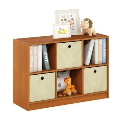Image of Furinno Basic 3x2 Bookcase Storage w/Bins, Light Cherry/Ivory, 80.26 (W) x 59.94 (H) 30.23 (D) cm